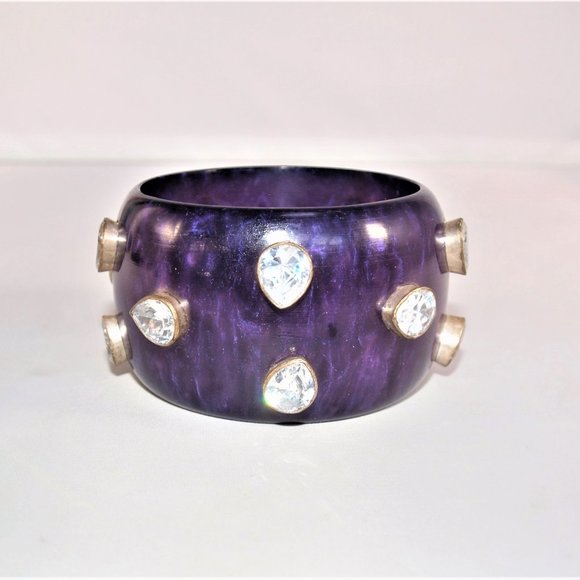 X-Wide Vintage Purple Acrylic Bangle with Silver Inset Crystals - Picture 2 of 5